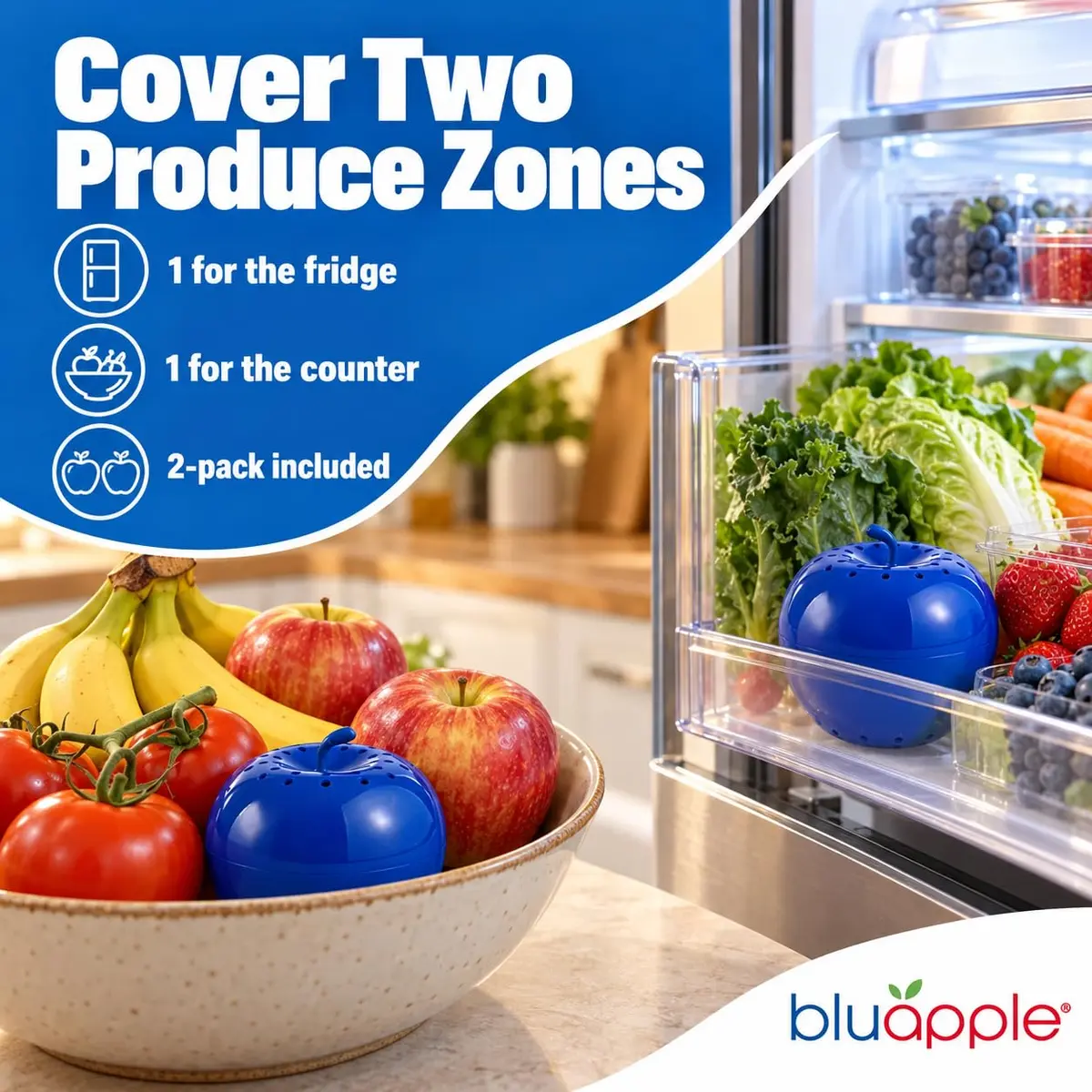 BluApple Produce Saver Ethylene Gas Absorber - Fresh Fruit & Vegetable Storage for Refrigerator Crisper, Shelves & Fruit Bowls, Produce Keeper, Fruit Saver, Kitchen Must Haves, BPA-Free - 2-Pack - view 5