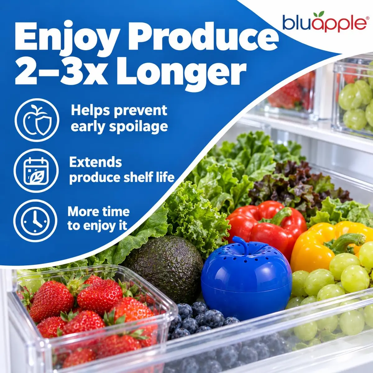 BluApple Produce Saver Ethylene Gas Absorber - Fresh Fruit & Vegetable Storage for Refrigerator Crisper, Shelves & Fruit Bowls, Produce Keeper, Fruit Saver, Kitchen Must Haves, BPA-Free - 2-Pack - view 2