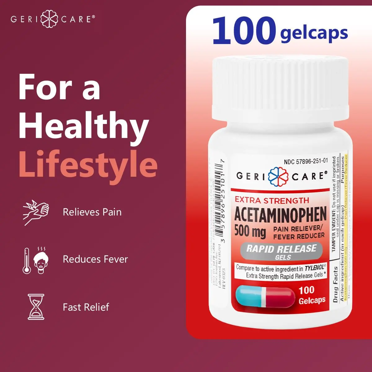 GeriCare Extra Strength Acetaminophen 500mg | Rapid Release Gelcaps for Fast Pain Relief - view 2