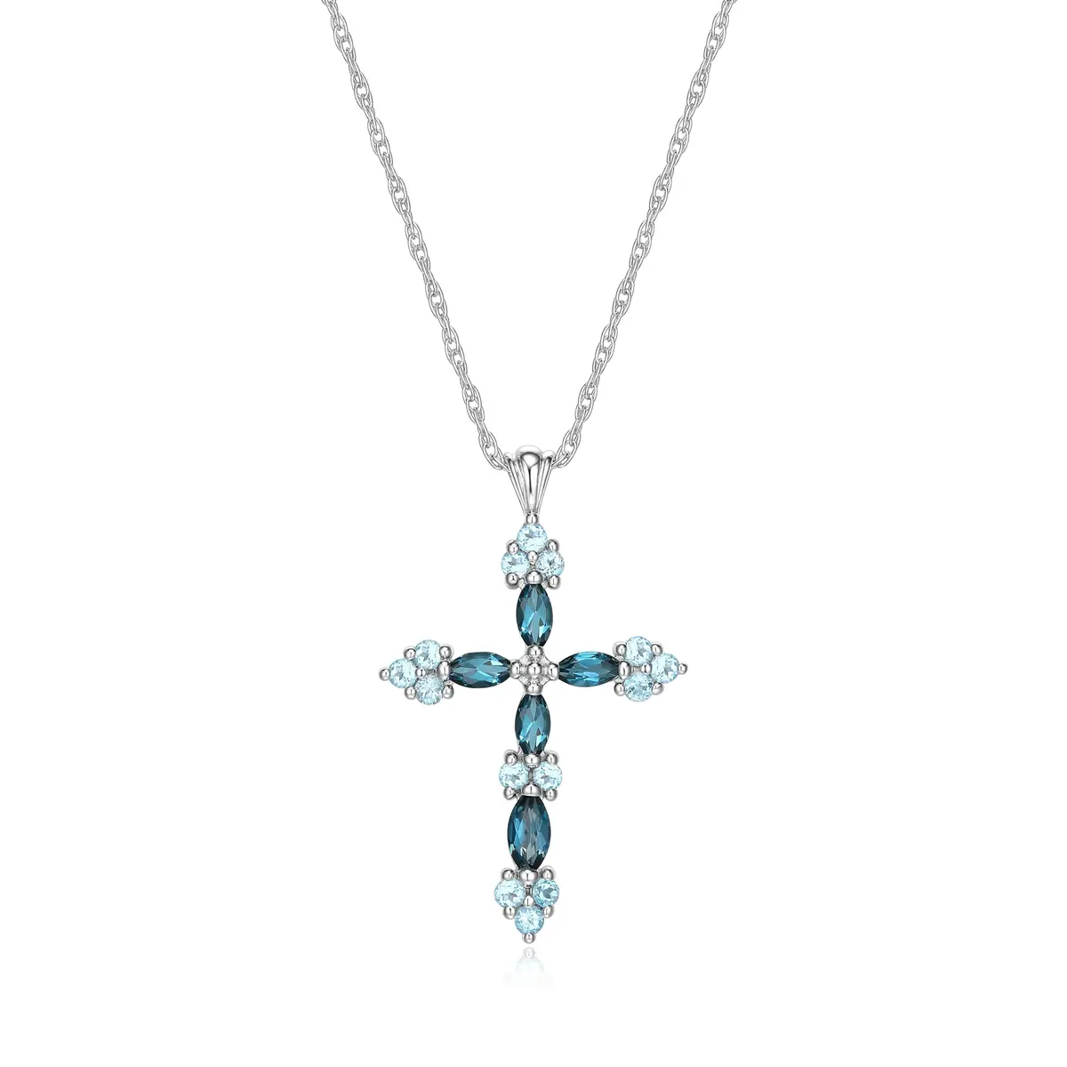 MORGAN & PAIGE Silver Rhodium Plated Cross Swiss London Blue Topaz Necklace | December Birthstone Faith Jewelry - main product image