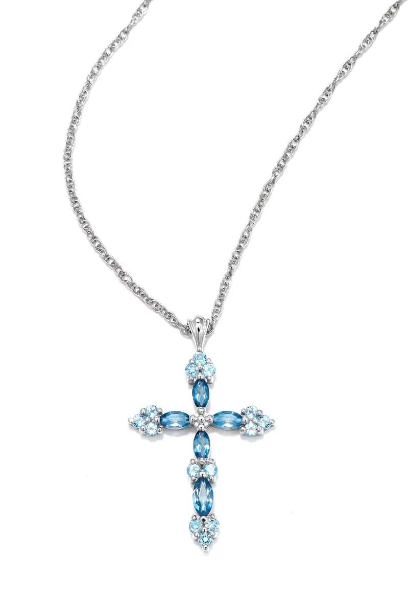 MORGAN & PAIGE Silver Rhodium Plated Cross Swiss London Blue Topaz Necklace | December Birthstone Faith Jewelry - view 5