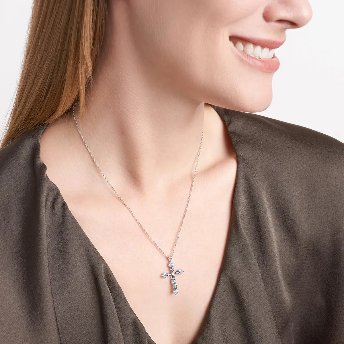 MORGAN & PAIGE Silver Rhodium Plated Cross Swiss London Blue Topaz Necklace | December Birthstone Faith Jewelry - view 2