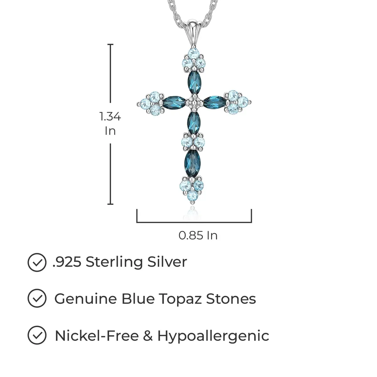 MORGAN & PAIGE Silver Rhodium Plated Cross Swiss London Blue Topaz Necklace | December Birthstone Faith Jewelry - view 3