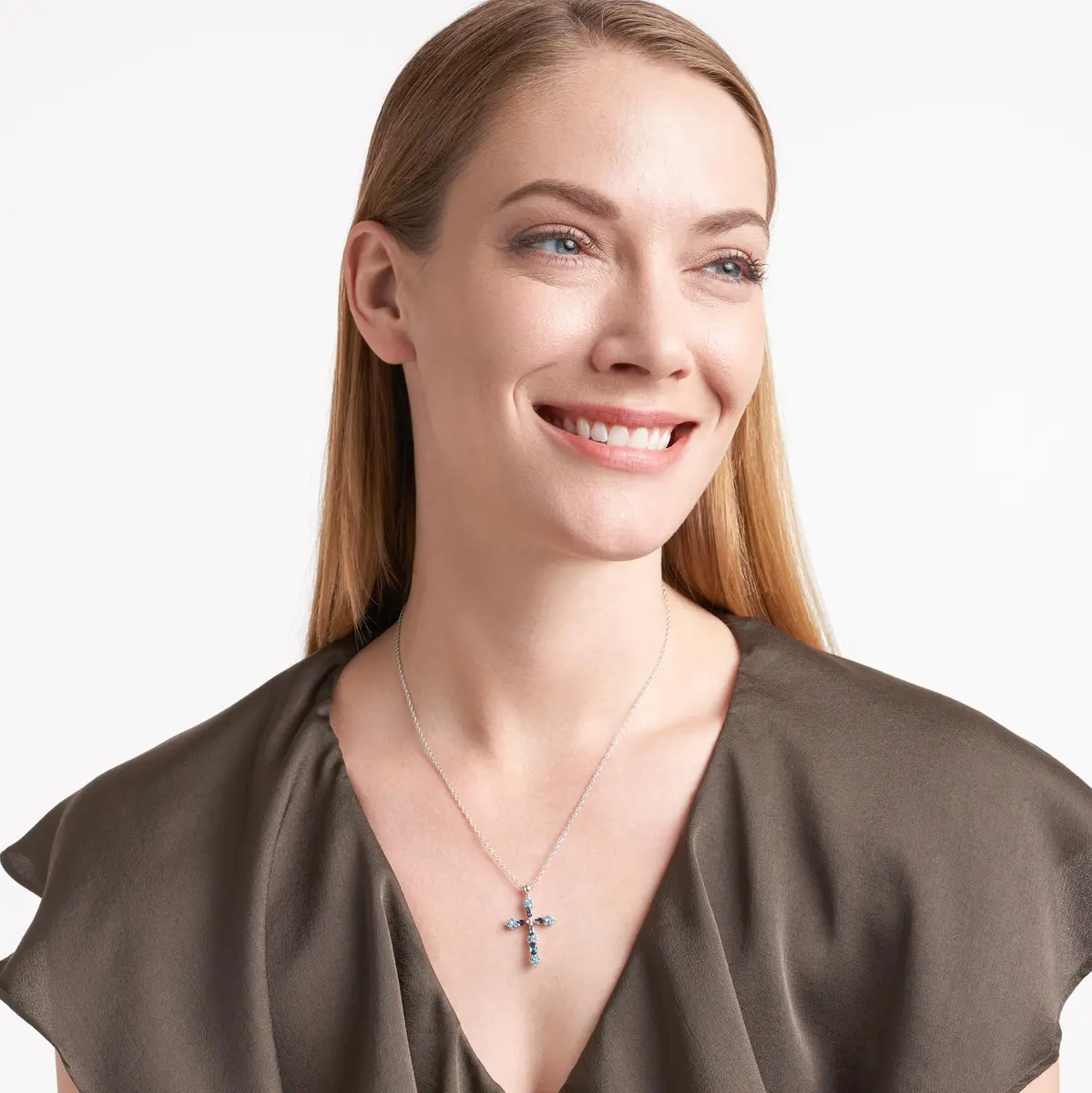 MORGAN & PAIGE Silver Rhodium Plated Cross Swiss London Blue Topaz Necklace | December Birthstone Faith Jewelry - view 4