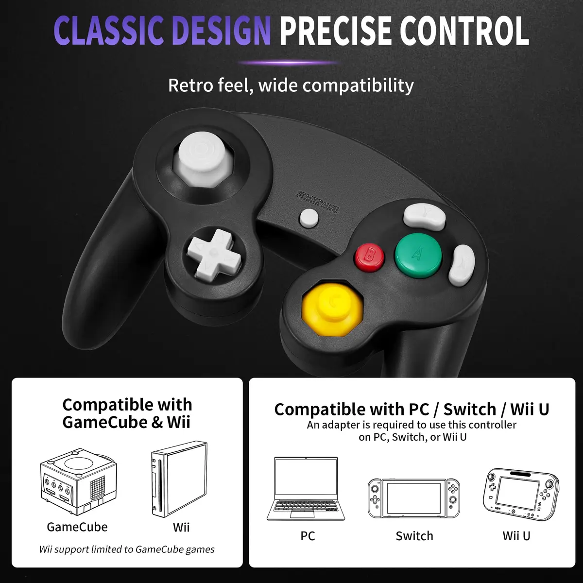 CirKa Wired Controller for Nintendo GameCube & Wii - Black | Dual Analog Joysticks & Vibration - view 2
