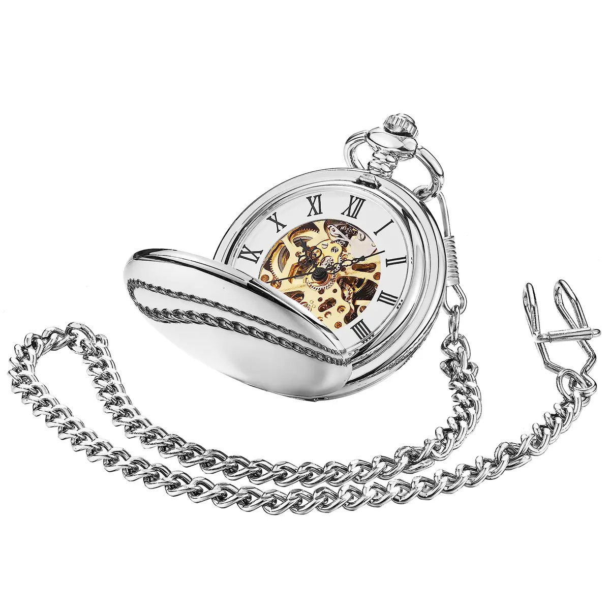 ShoppeWatch Men’s Silver Pocket Watch with Chain | Hand Winding Vintage Pocket Watch | Classic Mechanical Movement Pocketwatch | 1920s Railroad Steampunk Costume Accessory PW20 - view 5