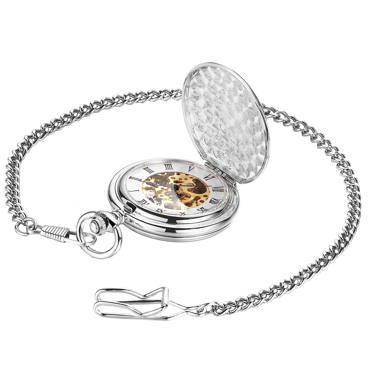 ShoppeWatch Men’s Silver Pocket Watch with Chain | Hand Winding Vintage Pocket Watch | Classic Mechanical Movement Pocketwatch | 1920s Railroad Steampunk Costume Accessory PW20 - view 7