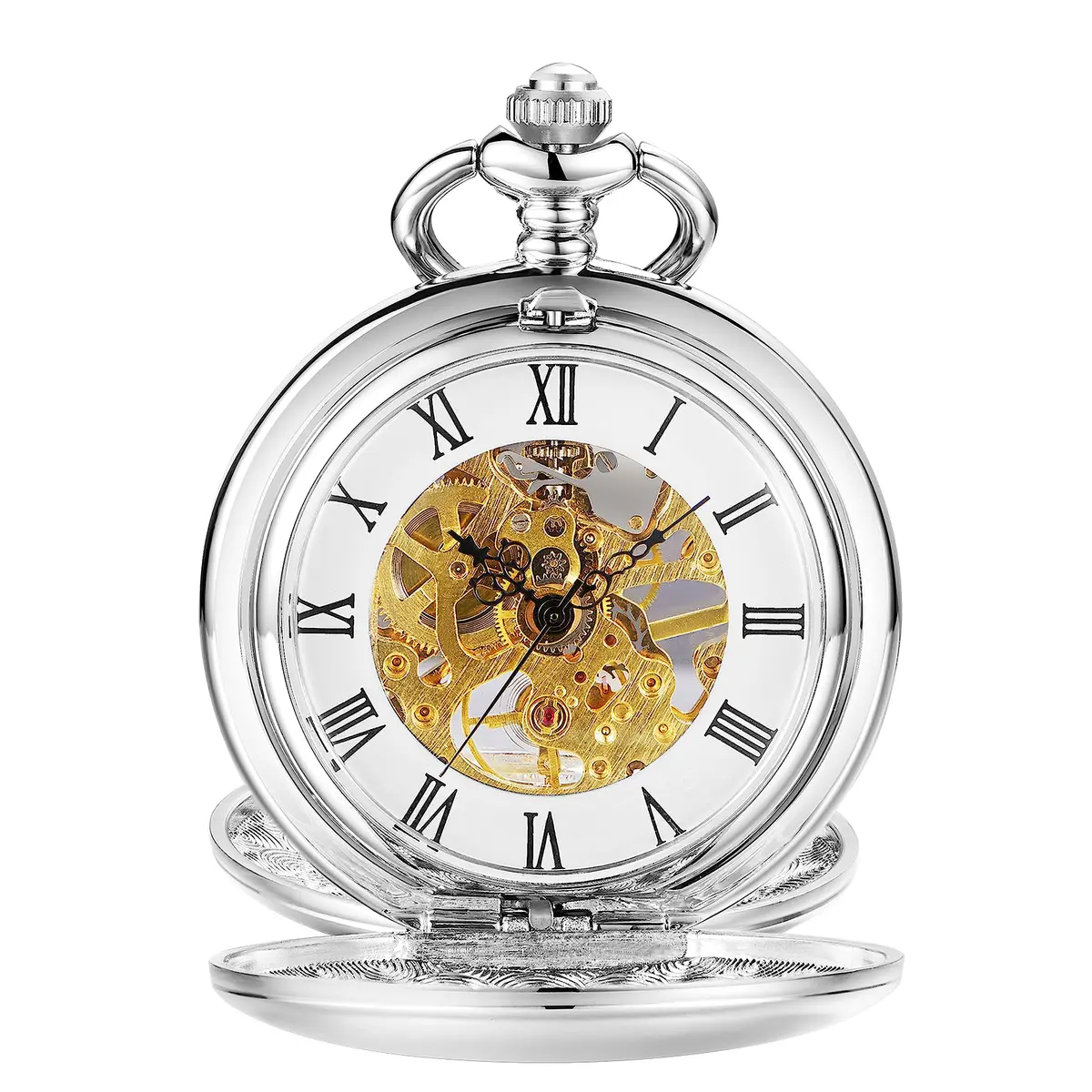 ShoppeWatch Men’s Silver Pocket Watch with Chain | Hand Winding Vintage Pocket Watch | Classic Mechanical Movement Pocketwatch | 1920s Railroad Steampunk Costume Accessory PW20 - view 2