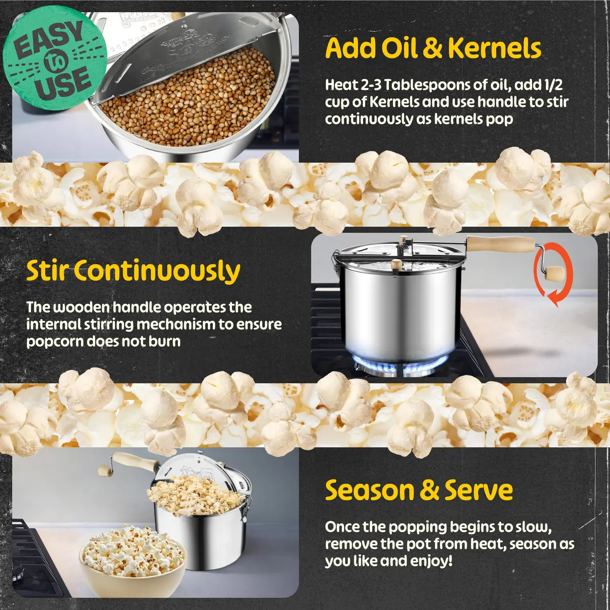 Great Northern Stovetop Popcorn Maker Silver 6.5 Quart | Makes 5 Quarts Theater-Style Popcorn - view 6