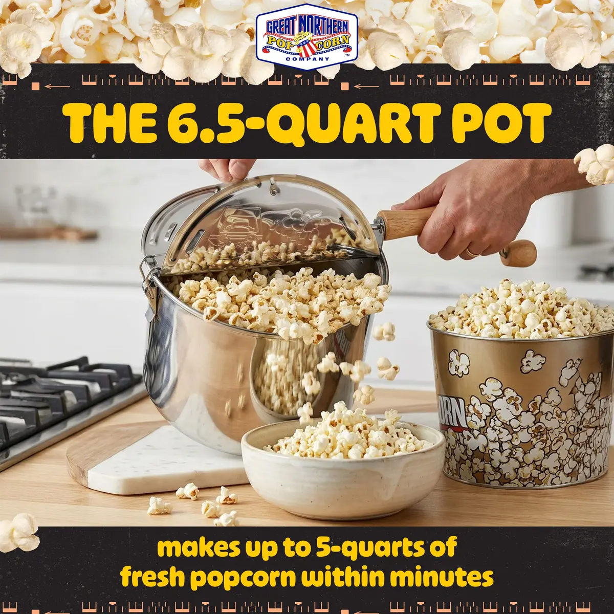 Great Northern Stovetop Popcorn Maker Silver 6.5 Quart | Makes 5 Quarts Theater-Style Popcorn - view 3