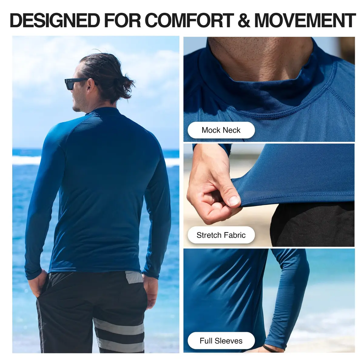 Kanu Surf Men's Long Sleeve Platinum UPF 50+ Rashguard Swim Tee, Navy, Small | UV Protection & Quick-Dry Performance - view 3