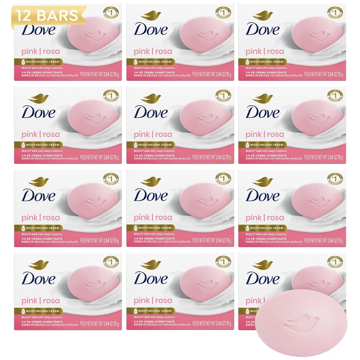 Dove Pink Beauty Bar 12-Pack | 2.64 Oz (75g) Each | Gentle Cleansing for Soft, Smooth Skin - main product image