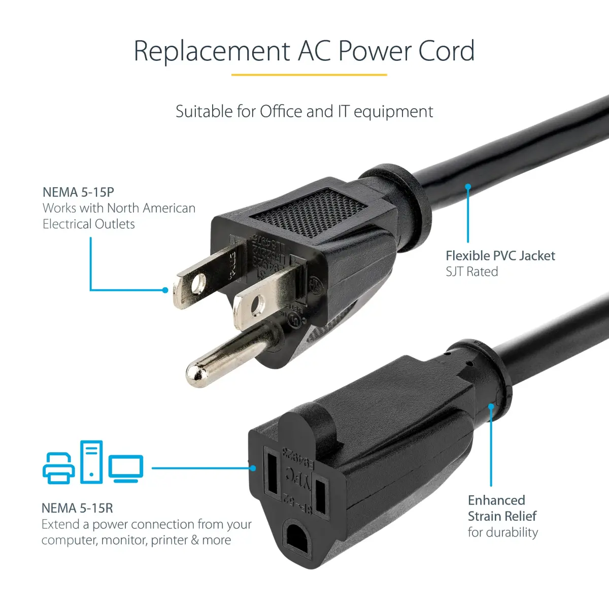 StarTech.com Heavy Duty Extension Cord 3m (10ft) 15A 125V | UL Listed Power Cable for Servers and Workstations - view 2