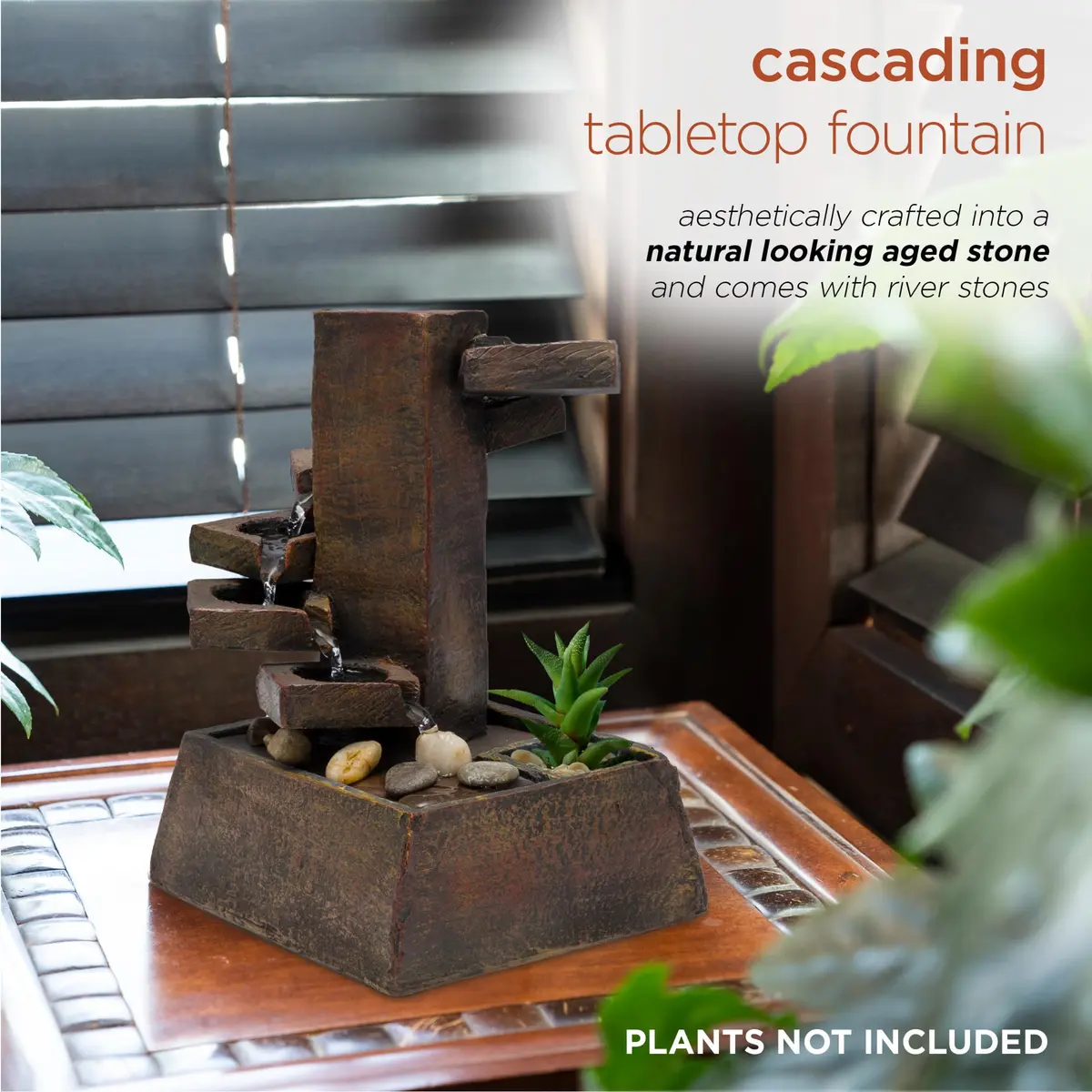 Alpine Corporation TT8000 Indoor/Outdoor Tiered Stone Fountain 11" | Tranquil Waterfall with Mini Plant Holder - view 3