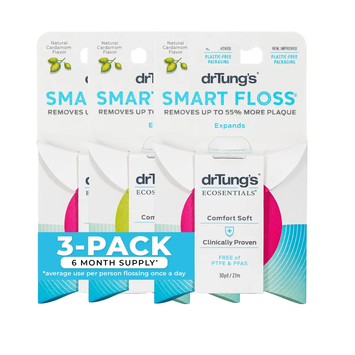 drTung's Smart Floss - Expanding Natural Waxed Dental Floss Pack of 3 | Clinically Proven 55% Cleaner - main product image