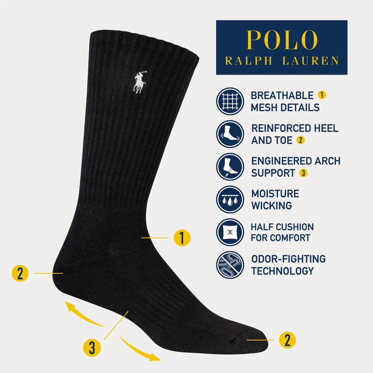 POLO RALPH LAUREN Men's Athletic Performance Cotton Crew Socks, 6 Pairs | Cushioned Support & Moisture-Wicking - view 3