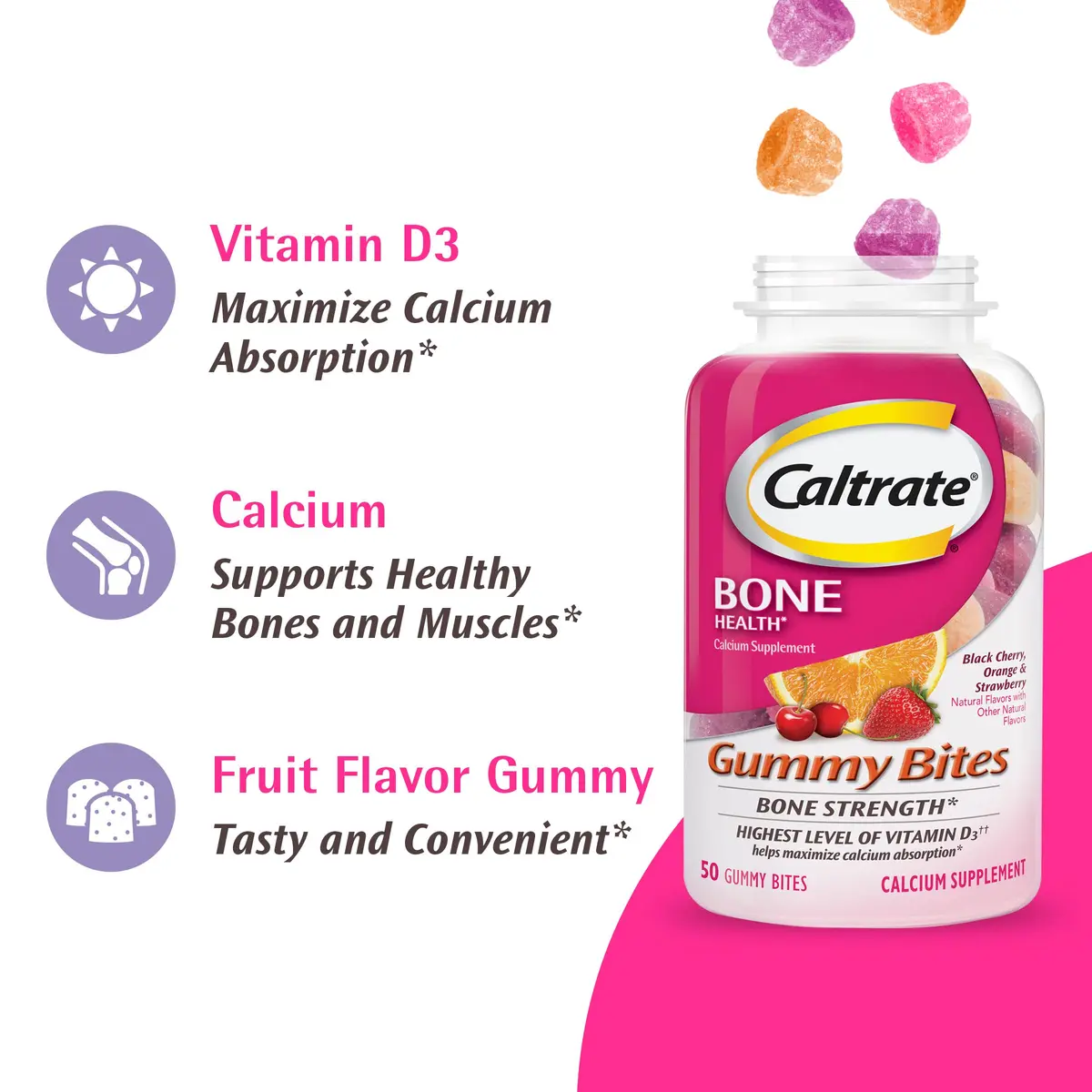 Caltrate Gummy Bites 600 Plus D3 Vitamin D and Calcium Supplement, 100 Ct | Bone Support with High Vitamin D3 & Calcium - view 4