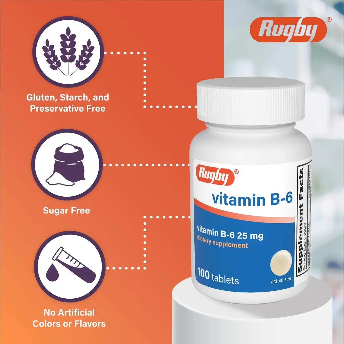 Rugby Vitamin B-6 Tablets - 25mg of Vitamin B6 | Dietary Supplement for Adults - view 4