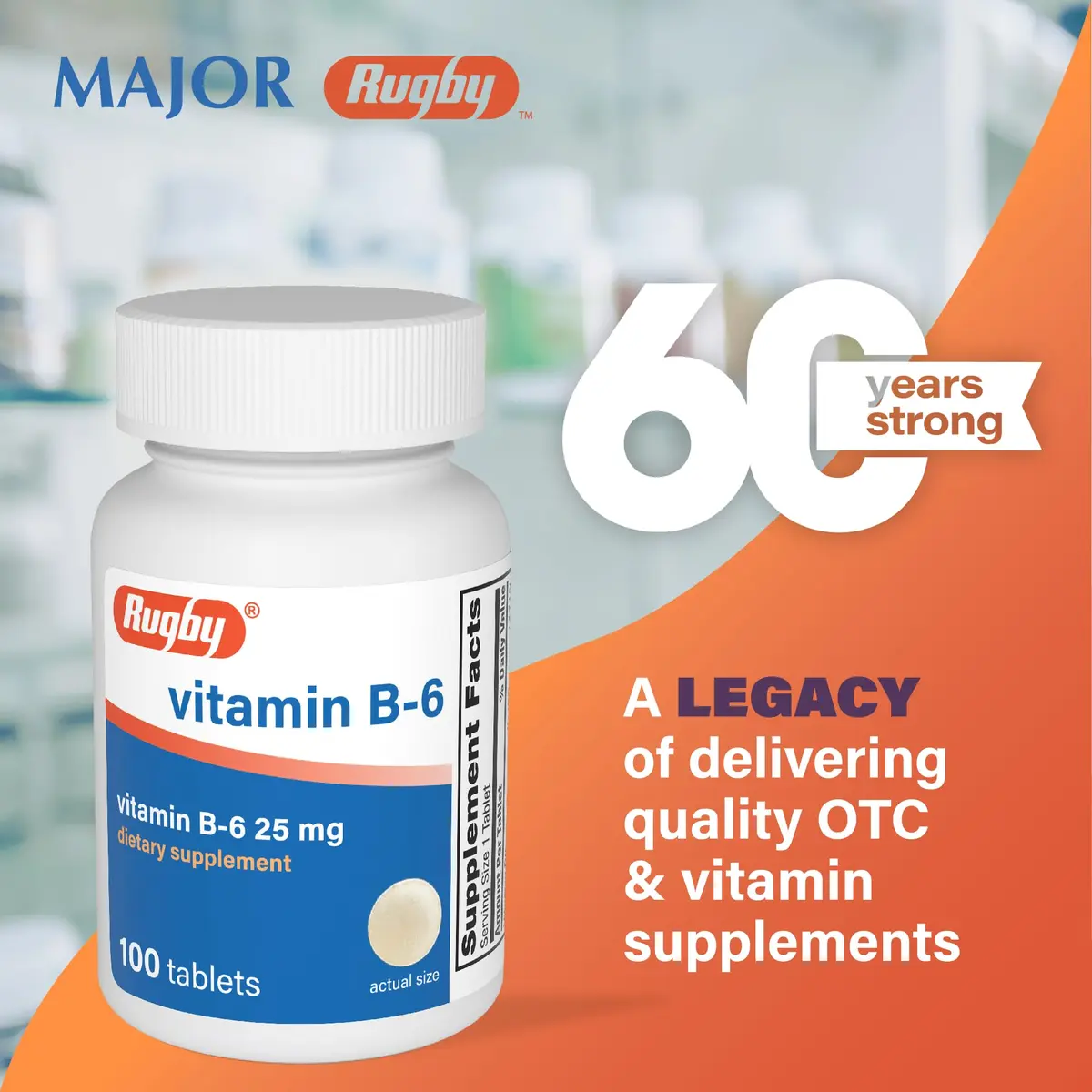 Rugby Vitamin B-6 Tablets - 25mg of Vitamin B6 | Dietary Supplement for Adults - view 2