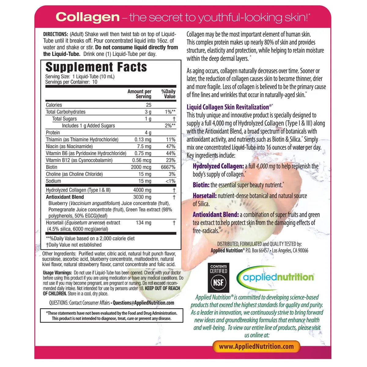 Applied Nutrition Liquid Collagen Skin Revitalization Beauty Drink | Supports Skin Elasticity & Moisture | Tropical Strawberry & Kiwi Flavor - view 7