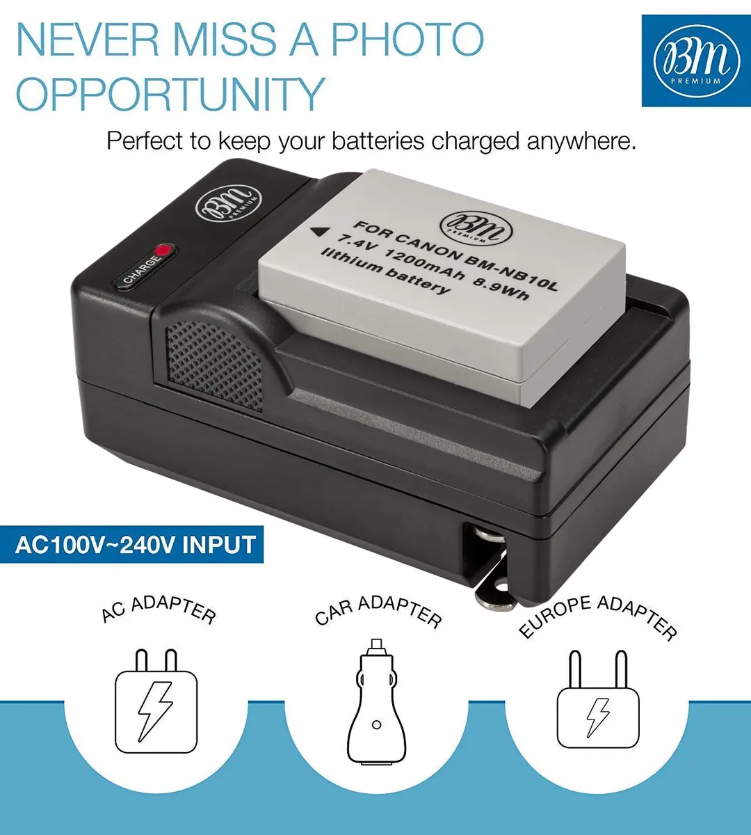 BM Premium NB-10L Battery & Charger Kit for Canon SX60 HS, SX50 HS, G1X, G3X, G15, G16 Cameras | 2 Batteries & USB Charger - view 3