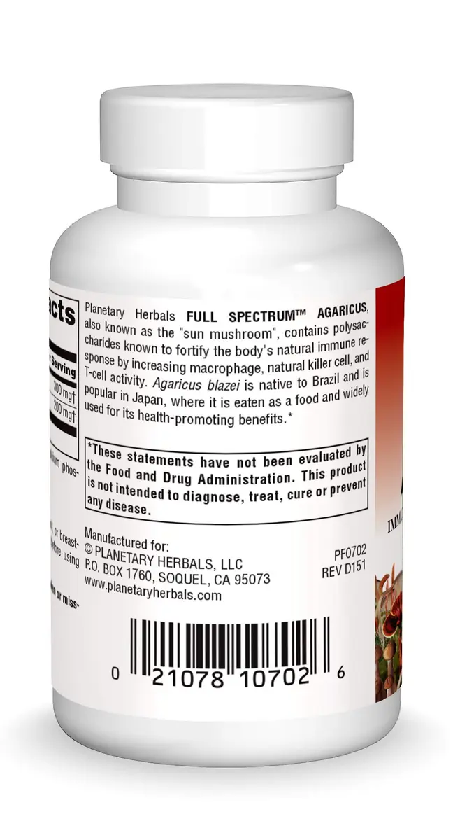 Planetary Herbals Agaricus Full Spectrum Immune & Natural Killer Cell Activator, 500mg | Supports Immunity & Well-Being - view 2