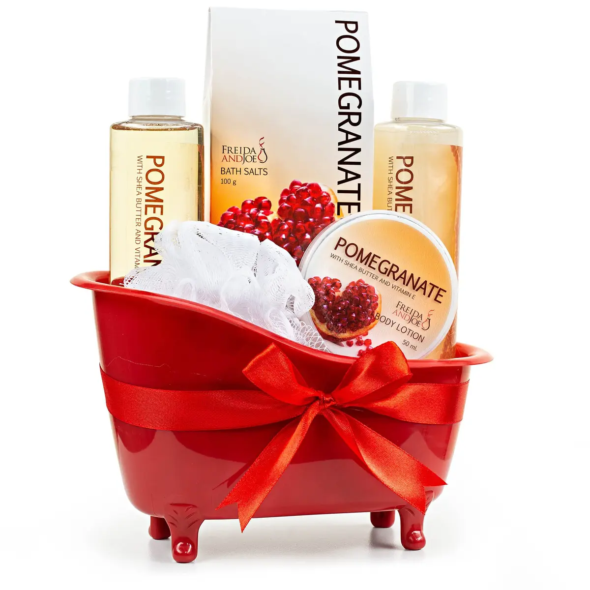 Freida and Joe Red Pomegranate Home Spa Bath Basket | Bath & Body Set for Women with Shea & Vitamin E (5 Piece Set) - main product image
