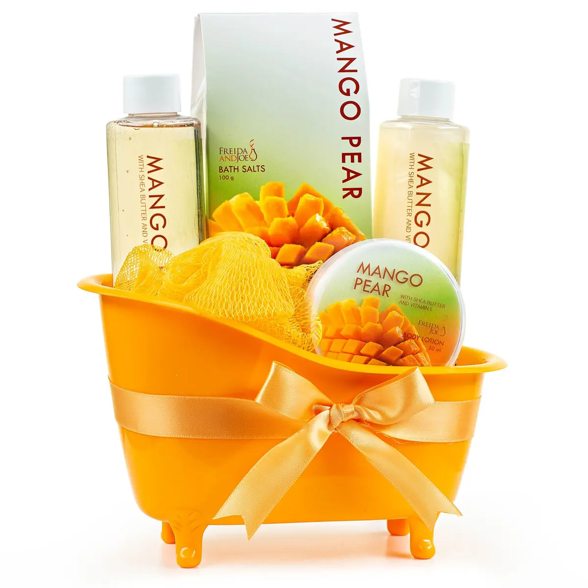 Freida and Joe Tropical Mango Pear Fragrance Set in Orange Tub | Luxurious Bath & Body Collection - main product image
