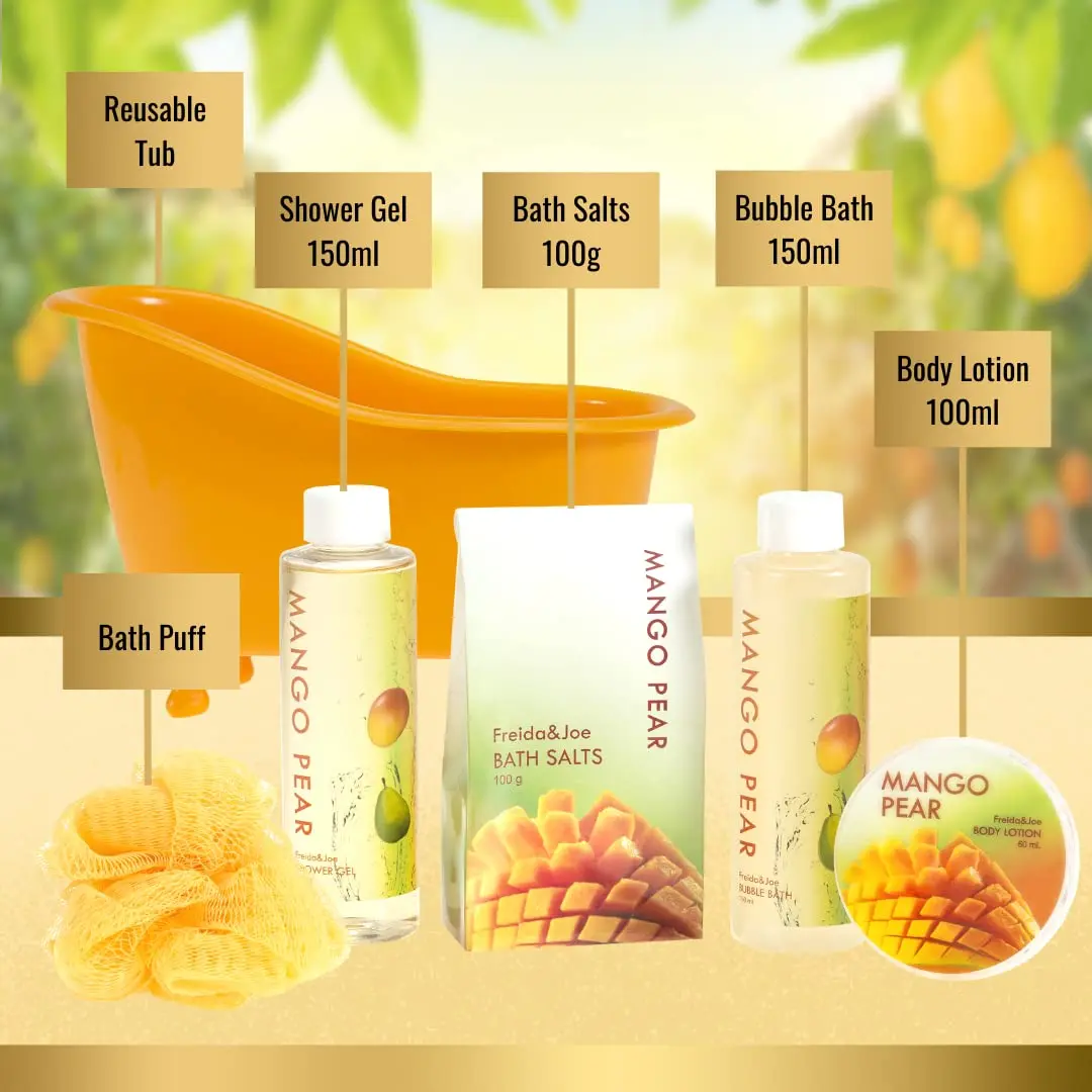 Freida and Joe Tropical Mango Pear Fragrance Set in Orange Tub | Luxurious Bath & Body Collection - view 5