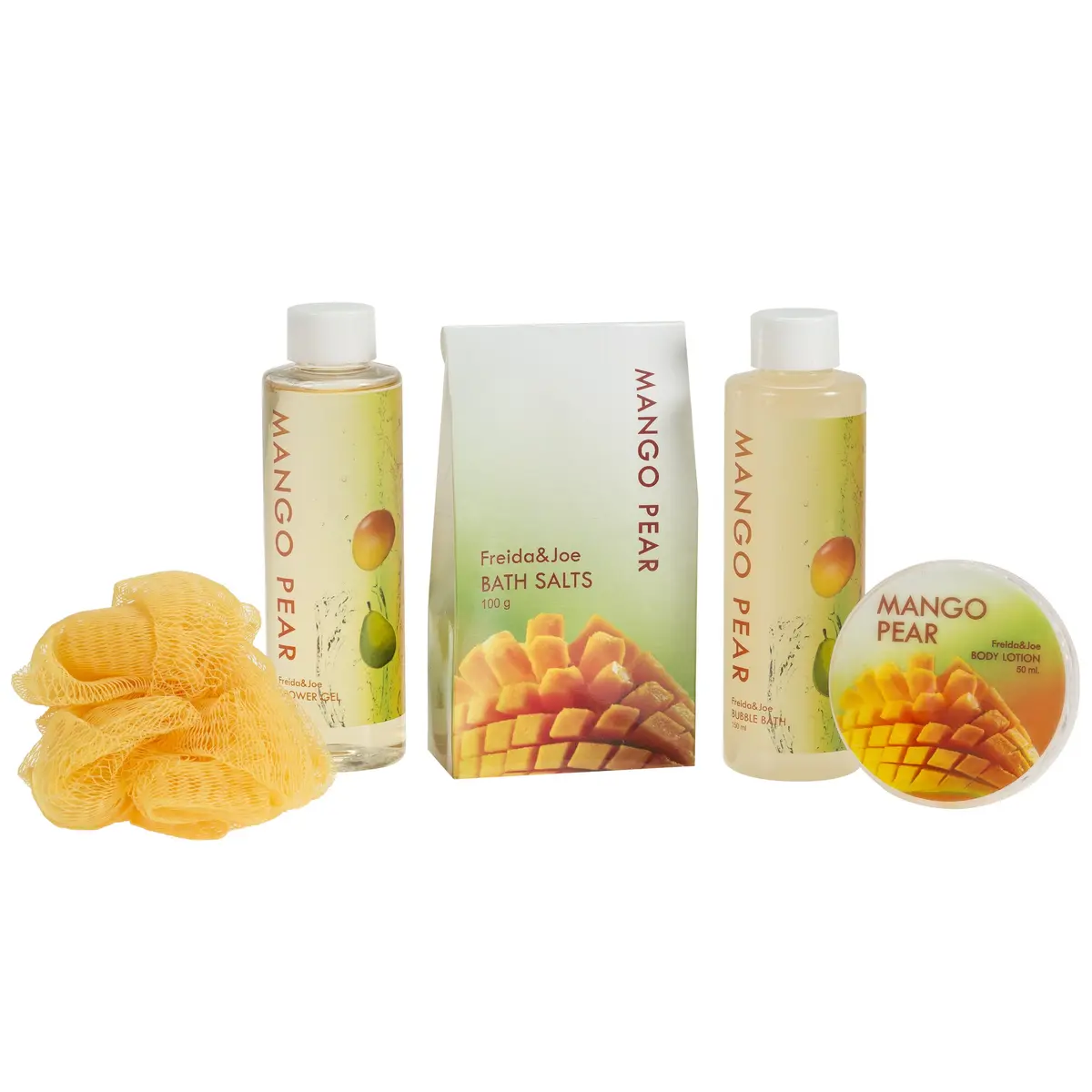 Freida and Joe Tropical Mango Pear Fragrance Set in Orange Tub | Luxurious Bath & Body Collection - view 2