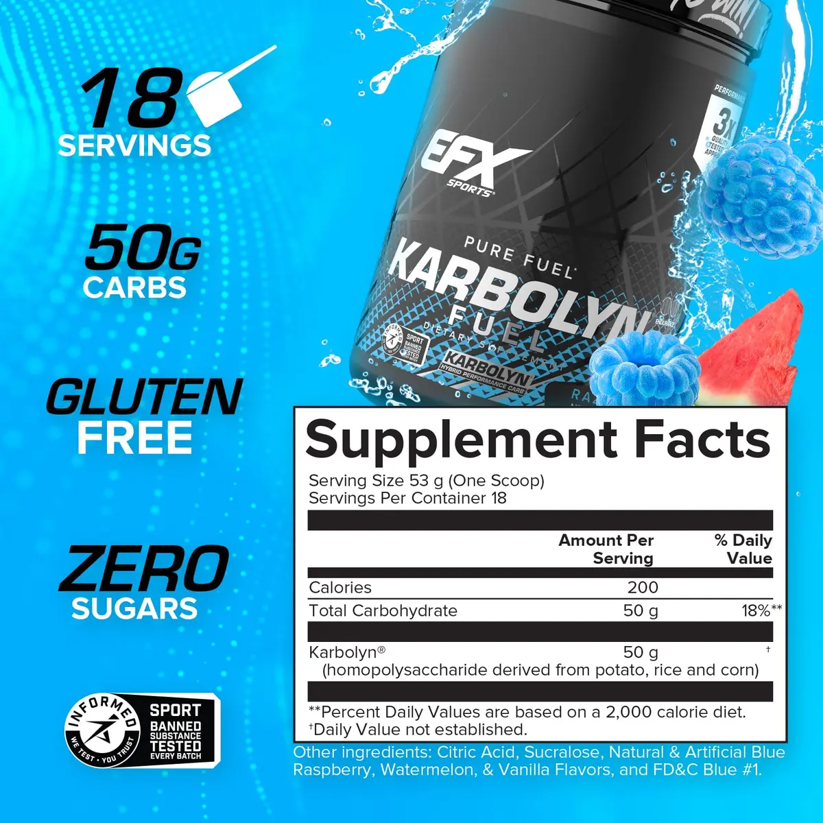 EFX Sports Karbolyn Fuel | Fast-Absorbing Carbohydrate Powder | Carb Load, Sustained Energy, Quick Recovery | Stimulant Free | 18 Servings (Blue Razz Watermelon) - view 3