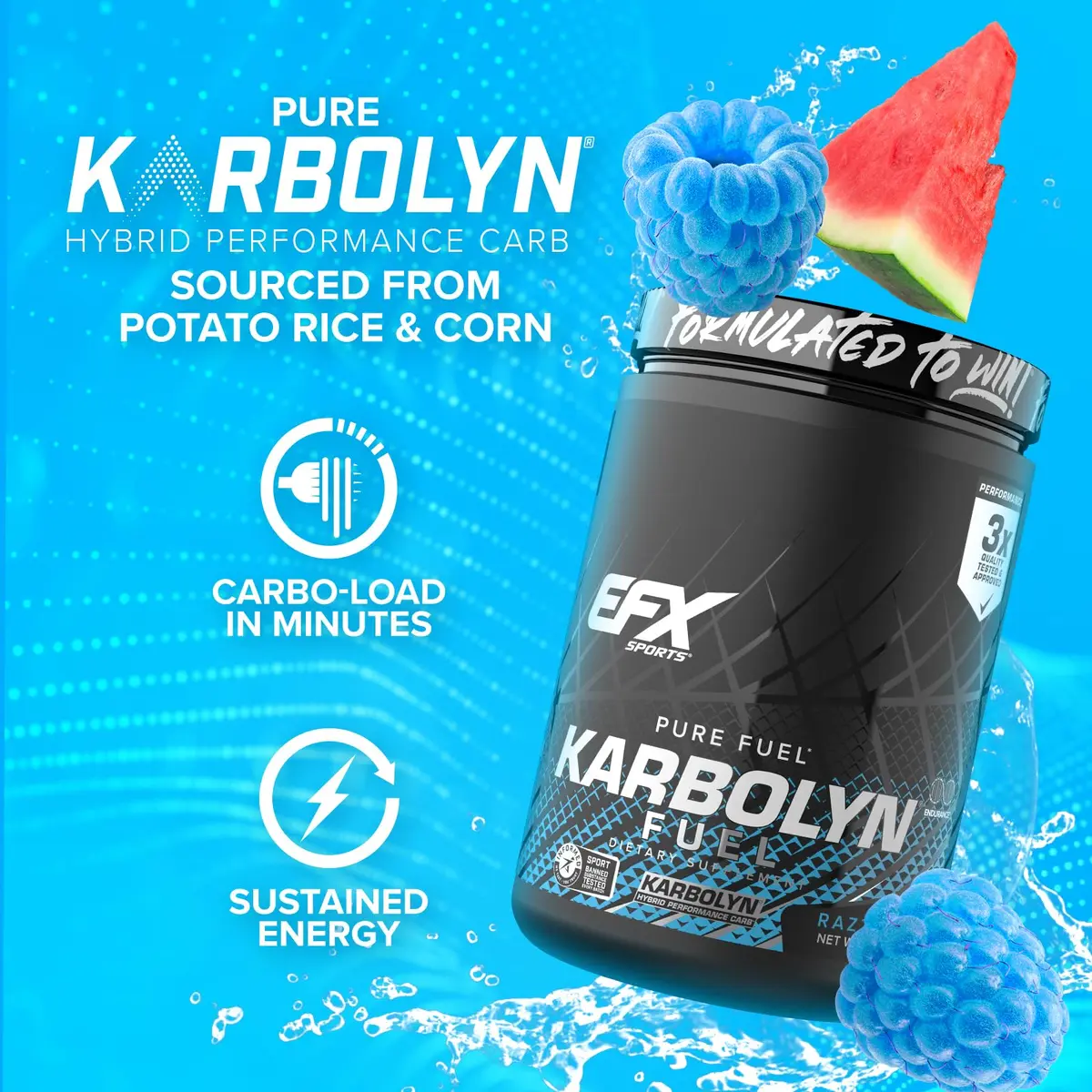 EFX Sports Karbolyn Fuel | Fast-Absorbing Carbohydrate Powder | Carb Load, Sustained Energy, Quick Recovery | Stimulant Free | 18 Servings (Blue Razz Watermelon) - view 4