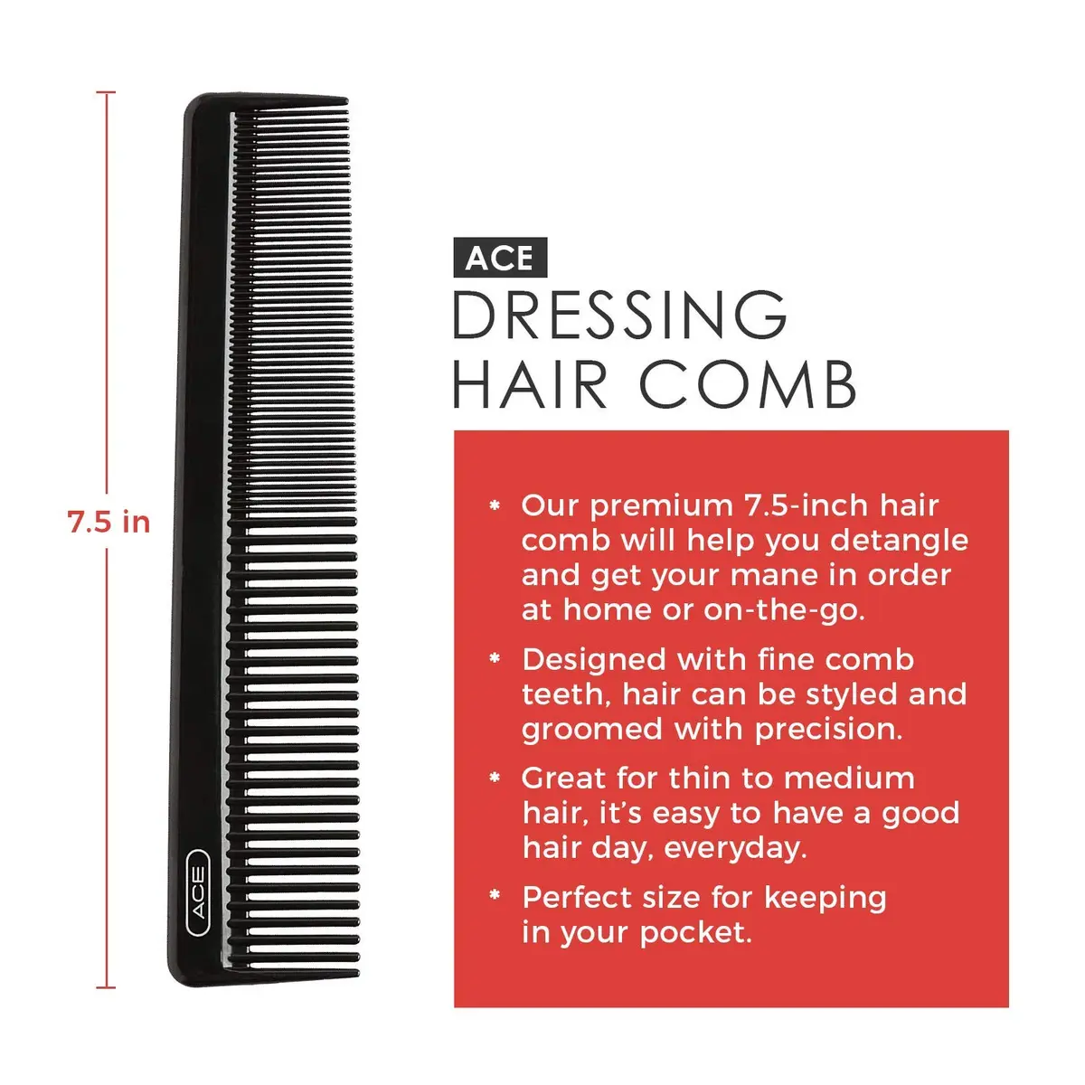 Ace Hair Comb Dressing 7.5 Inch | Fine Teeth for Precise Styling, Durable Plastic, Black - view 2