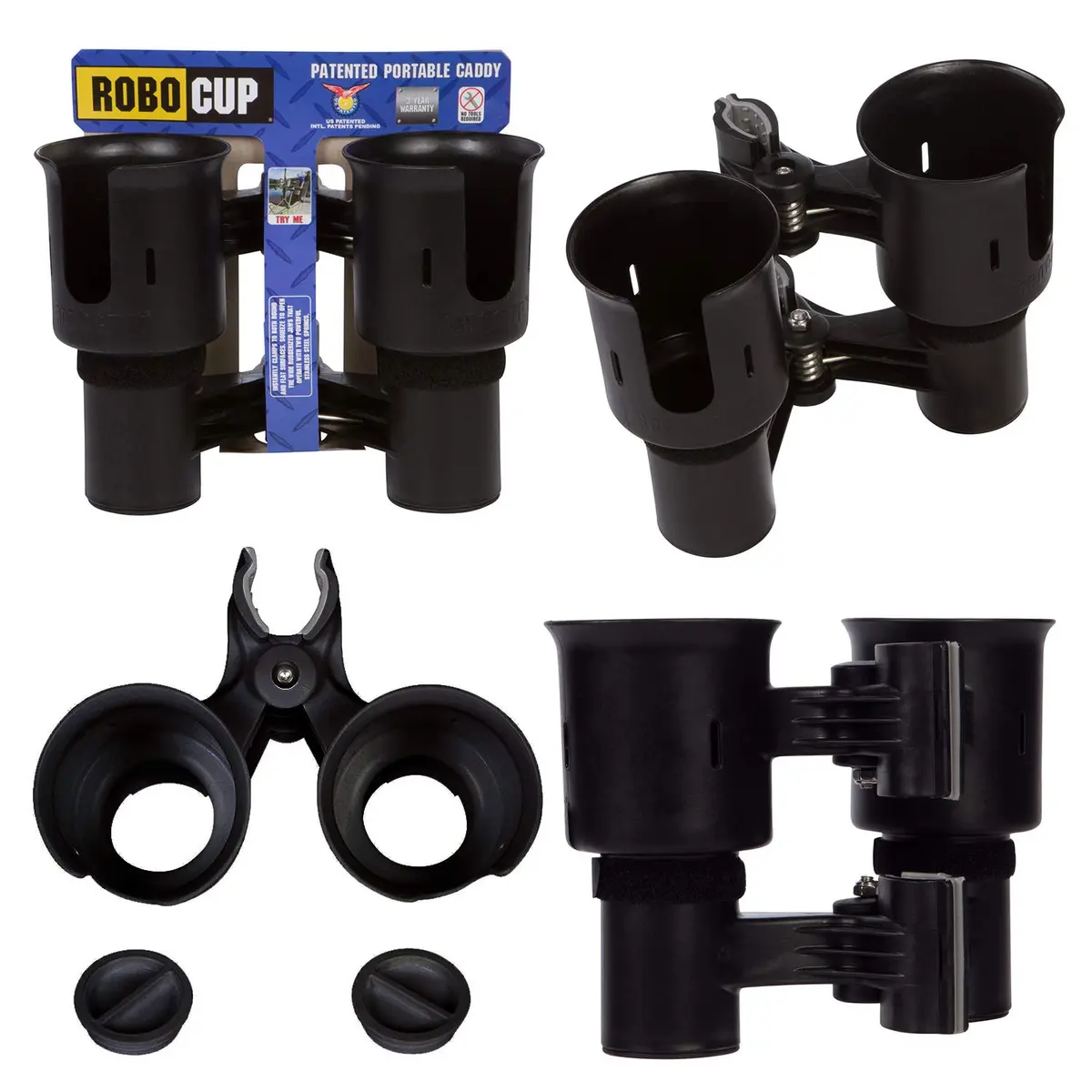 ROBOCUP Patented Clamp On Boat Cup Holder | Multifunction Dual Drink Caddy for Fishing, Boating & More - main product image
