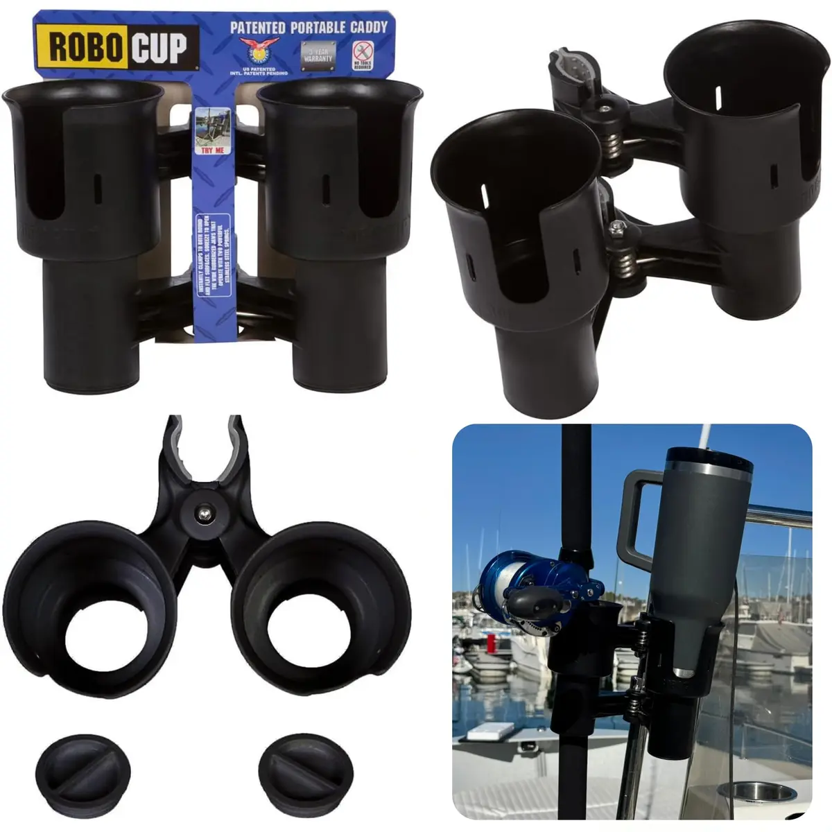 ROBOCUP Patented Clamp On Boat Cup Holder | Multifunction Dual Drink Caddy for Fishing, Boating & More - view 2