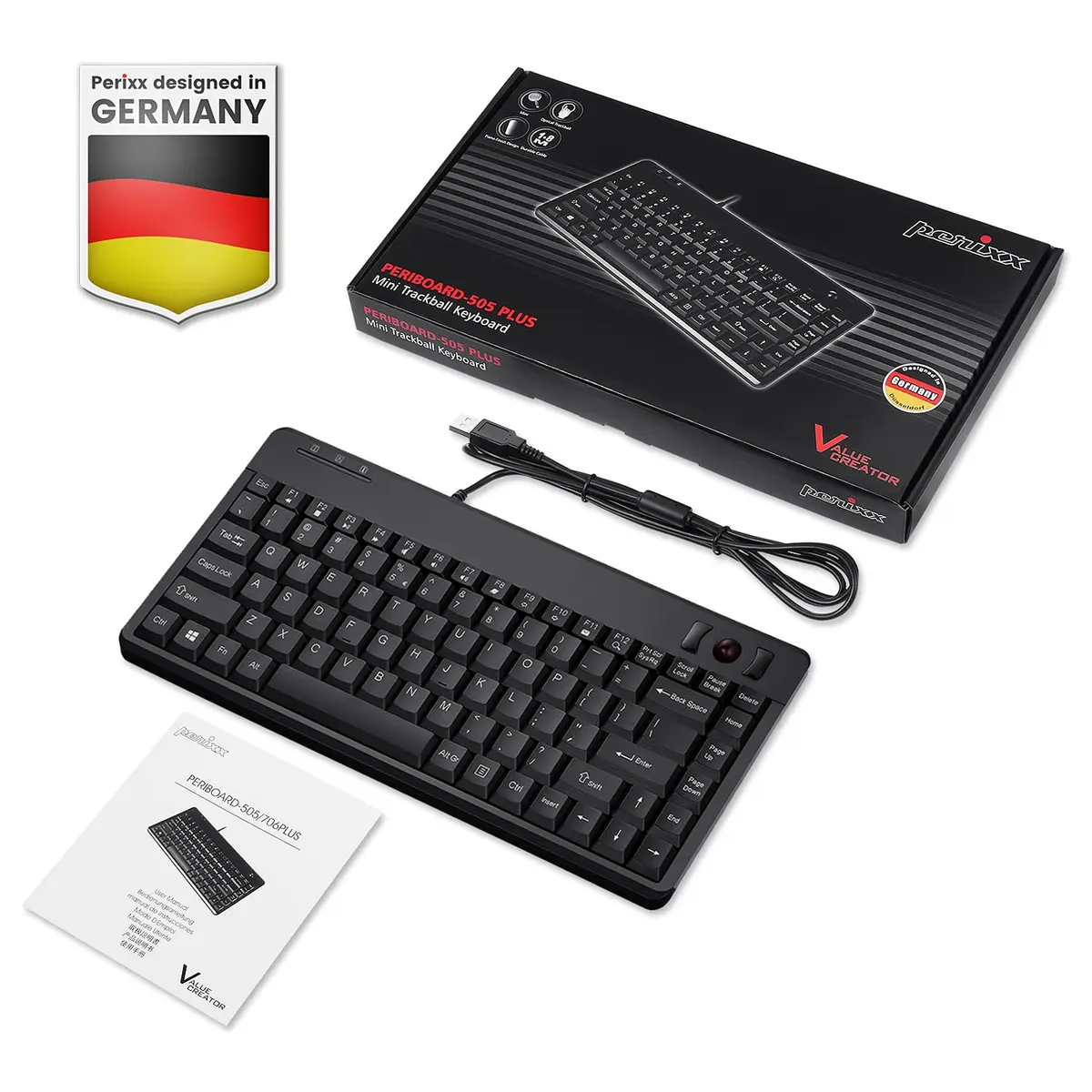 Perixx PERIBOARD-505H Wired Mini Keyboard with Built-in Trackball & 2 USB Hubs, Black 315mm (12.4") | Membrane Keys & 1000 DPI Trackball - view 7