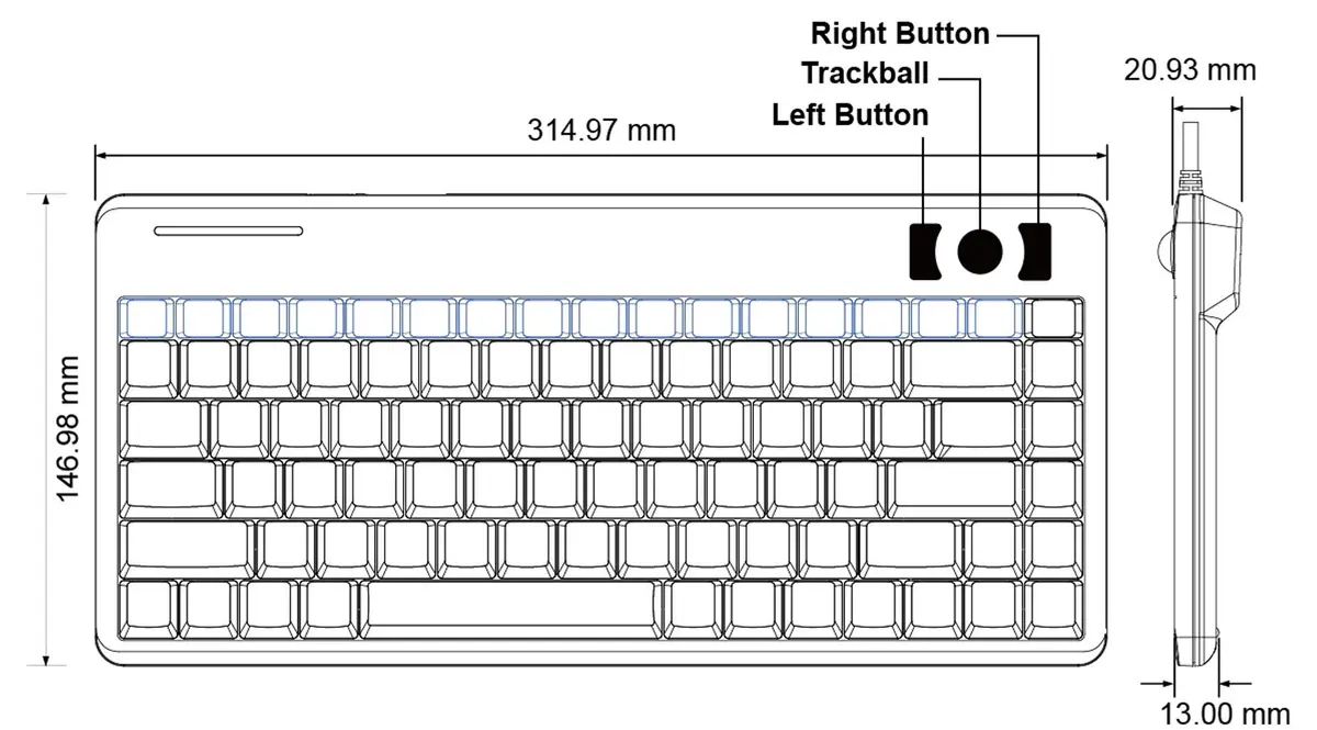 Perixx PERIBOARD-505H Wired Mini Keyboard with Built-in Trackball & 2 USB Hubs, Black 315mm (12.4") | Membrane Keys & 1000 DPI Trackball - view 8