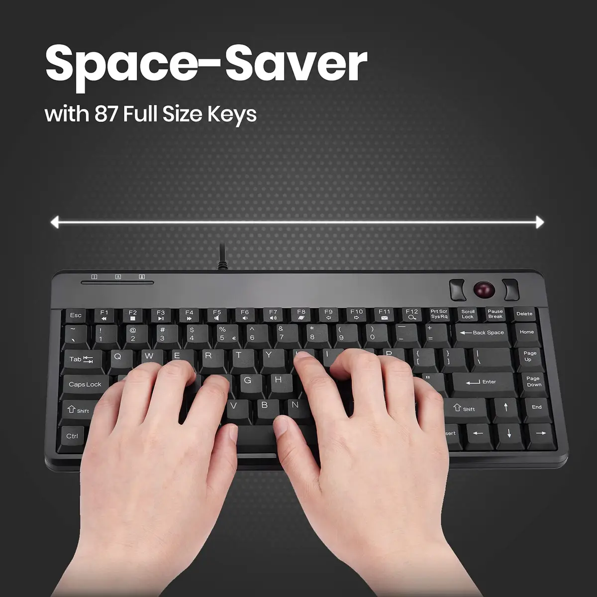 Perixx PERIBOARD-505H Wired Mini Keyboard with Built-in Trackball & 2 USB Hubs, Black 315mm (12.4") | Membrane Keys & 1000 DPI Trackball - view 2
