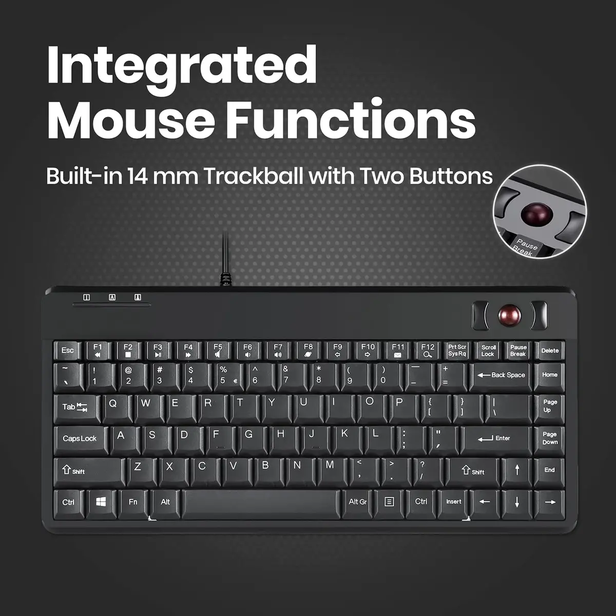 Perixx PERIBOARD-505H Wired Mini Keyboard with Built-in Trackball & 2 USB Hubs, Black 315mm (12.4") | Membrane Keys & 1000 DPI Trackball - view 4