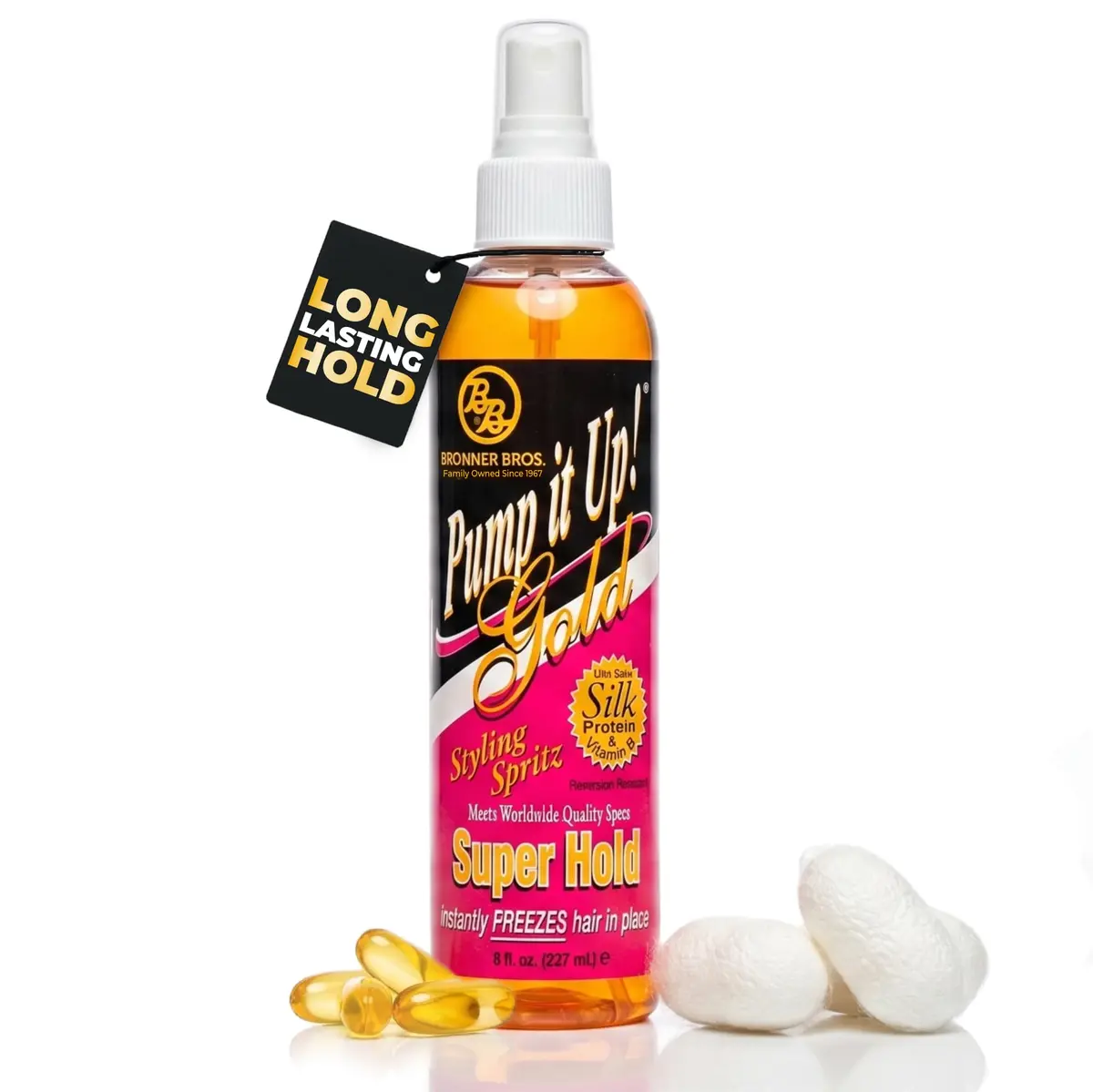 Bronner Bros Pump It Up Gold Styling Spritz 8oz | Super Hold Hair Spray for Defined Styles - main product image
