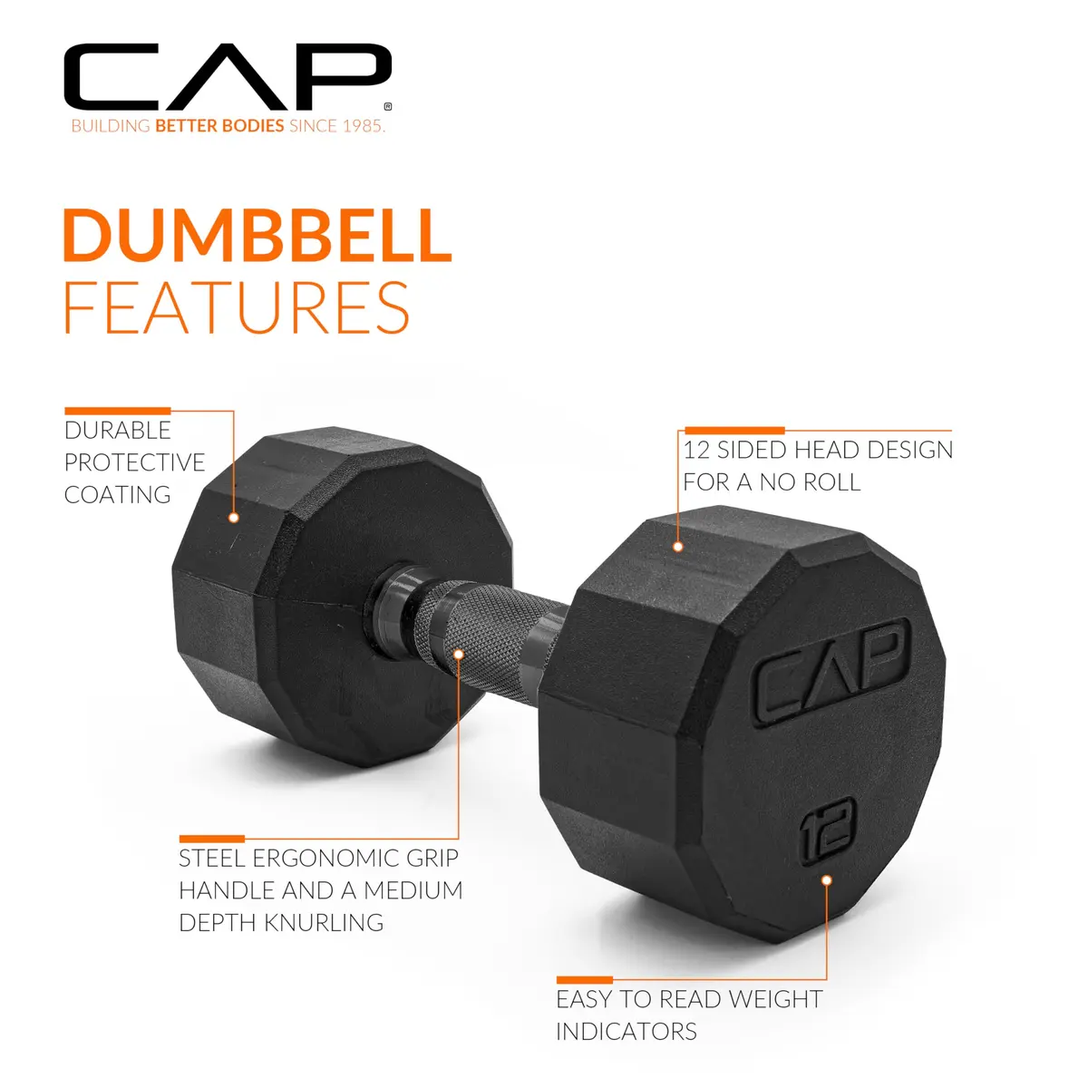 CAP 12lb Rubber Coated 12-Sided Dumbbell | Anti-Roll, Durable, Home & Commercial Use - view 3