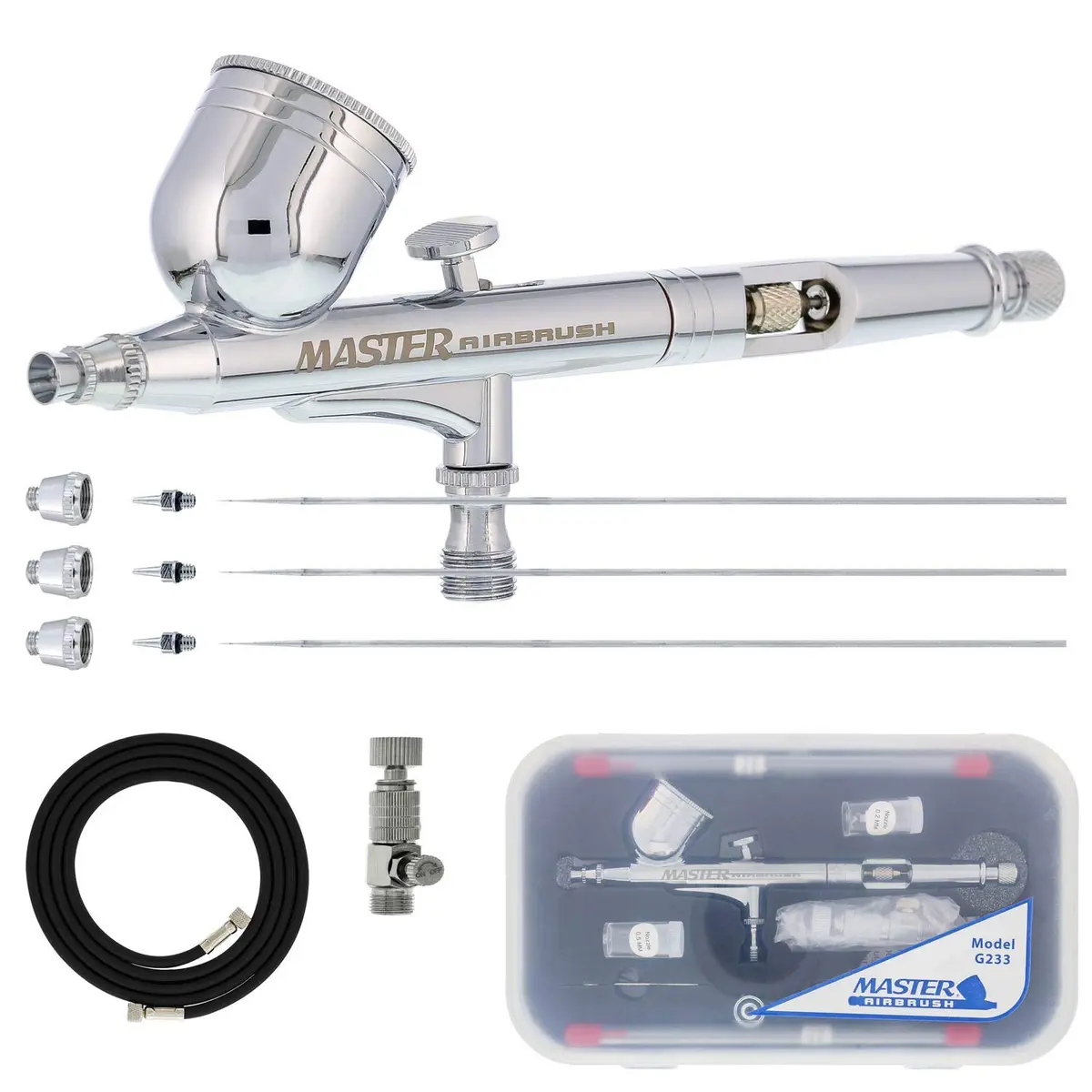 Master Airbrush G233 Performance Pro Airbrush Kit with 3 Nozzle Sets, Hose | Dual-Action Gravity Feed for Fine Detail & Broad Spray - main product image