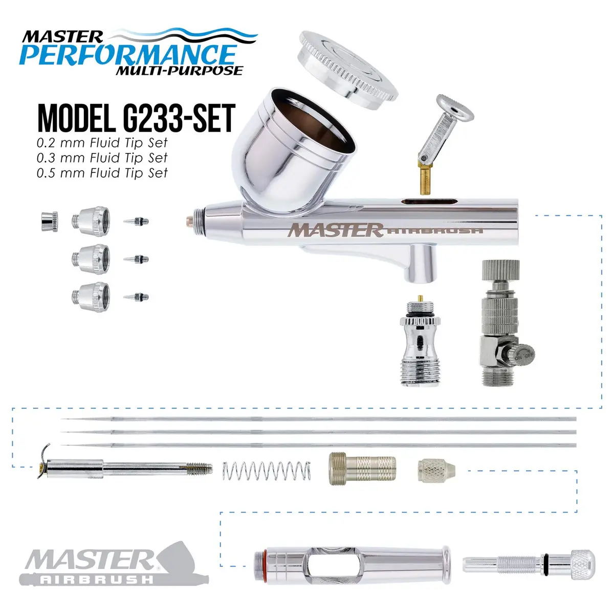 Master Airbrush G233 Performance Pro Airbrush Kit with 3 Nozzle Sets, Hose | Dual-Action Gravity Feed for Fine Detail & Broad Spray - view 3