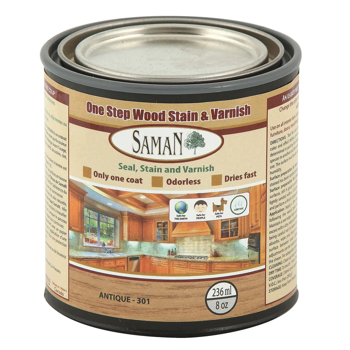 SamaN Interior One Step Wood Seal, Stain & Varnish 8 oz | Odorless Oil-Based Protection for Furniture & Wood - main product image