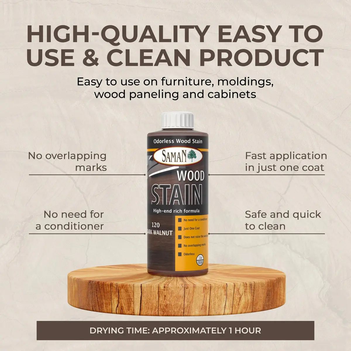 SamaN Water Based Wood Stain Dark Walnut 12 oz | Eco-Friendly, Fast Application, Greener Choice - view 5