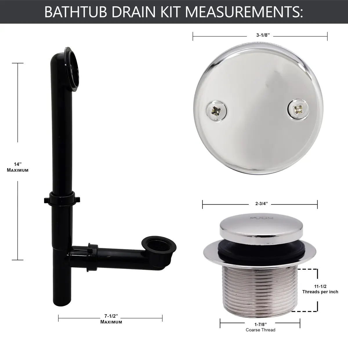 Westbrass 593144-26 Black 1-1/2" Tubular Tip-Toe Bath Waste Drain Kit, Polished Chrome | ADA Approved - view 2