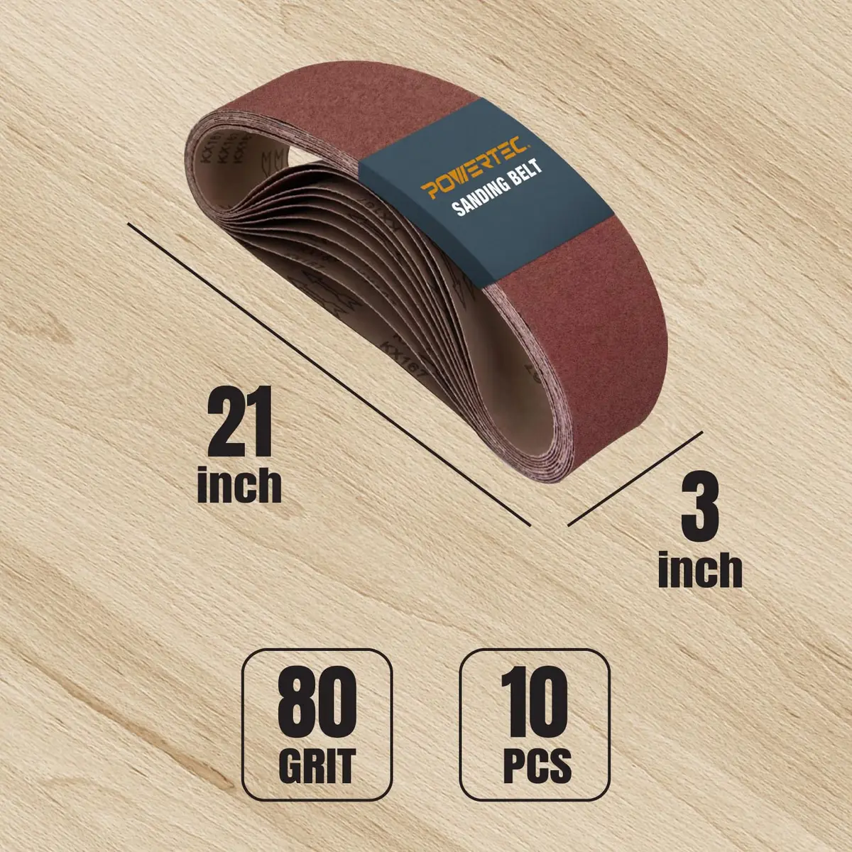POWERTEC 3 x 21 Inch Sanding Belts, 10 Pack, 80 Grit Aluminum Oxide | Heavy Duty for Woodworking & Metal - view 2