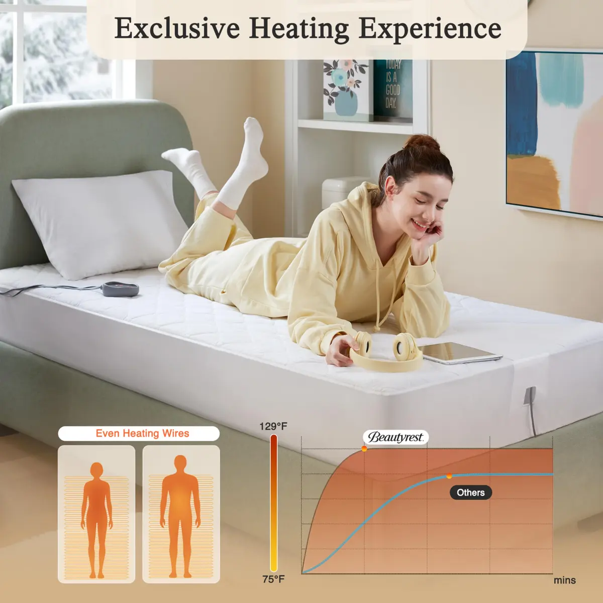 Beautyrest Cotton Blend Heated Mattress Pad Secure Comfort Technology | 5-Setting Twin, White - view 6