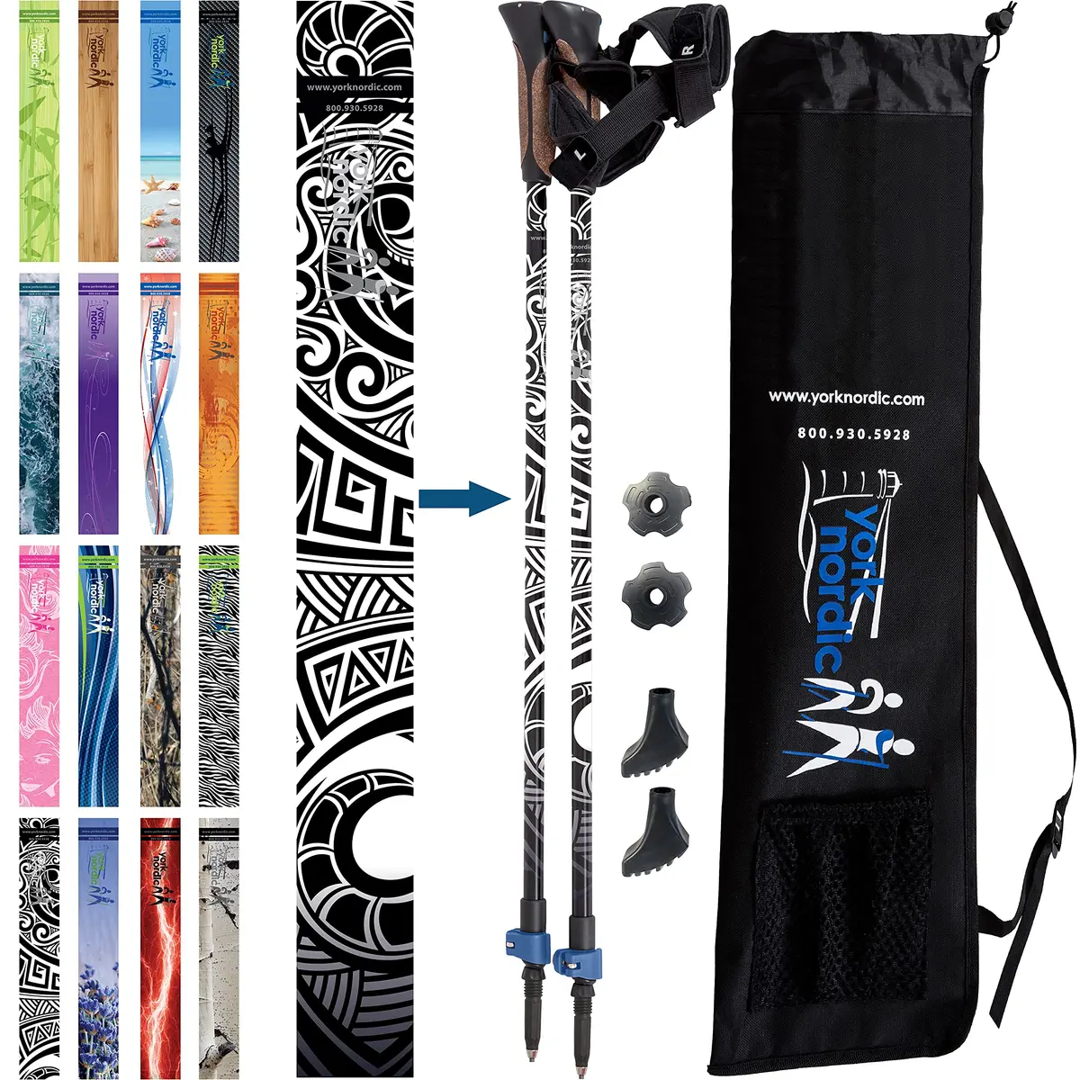 York Nordic Official Nordic Walking Poles - Adjustable, Collapsible, Lightweight, 2 Pieces, Travel Bag, Heights 5'4"-6'2" - main product image