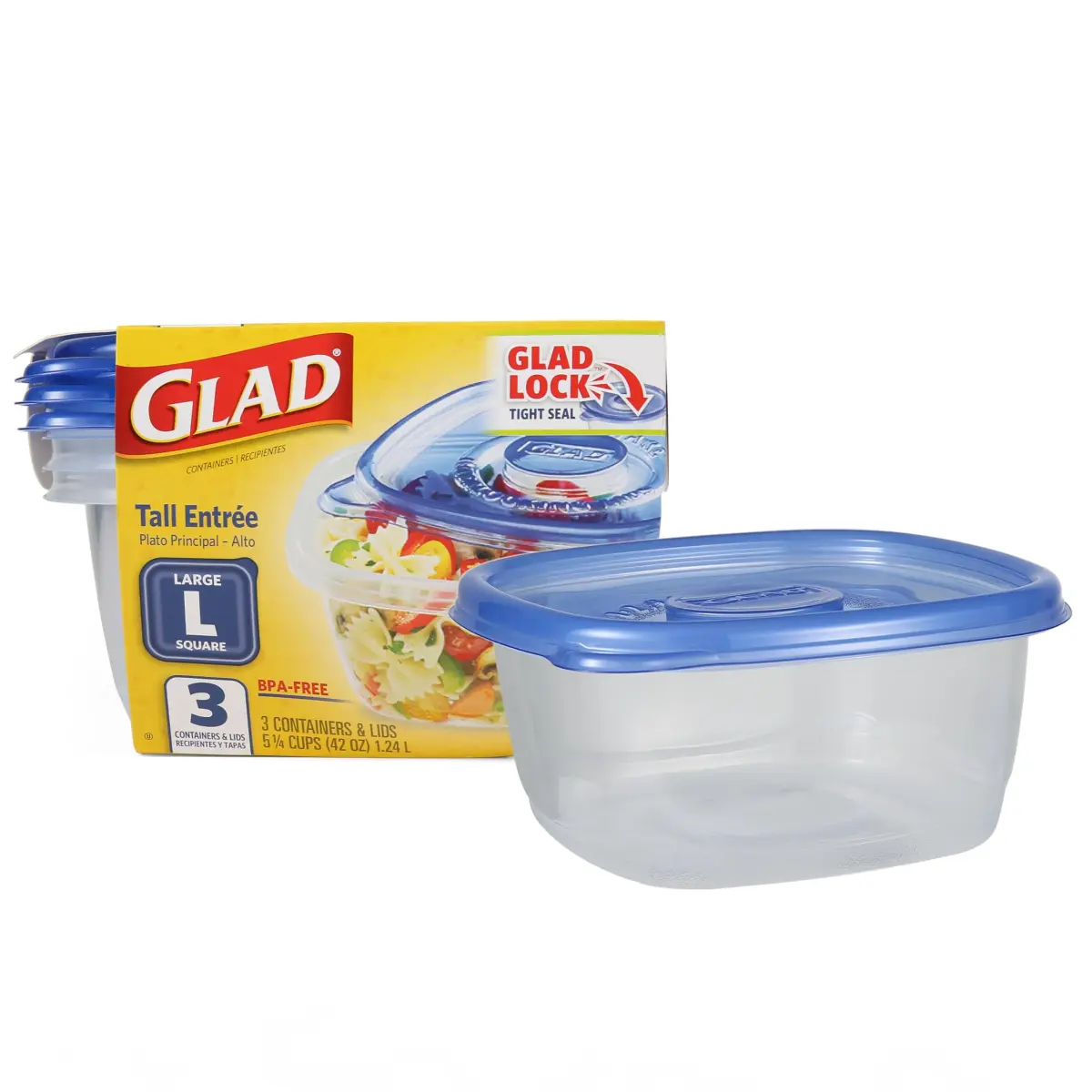 Glad GladWare Tall Entree Containers with Lids - Large Square 42 Oz, 3 Count, BPA Free Plastic - main product image